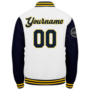 Chaqueta universitaria personalizada estilo Letterman para hombres-mujeres y jóvenes en azul marino-blanco y amarillo