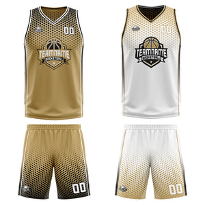 Traje de baloncesto reversible personalizado en oro antiguo-negro y blanco para adultos y niños