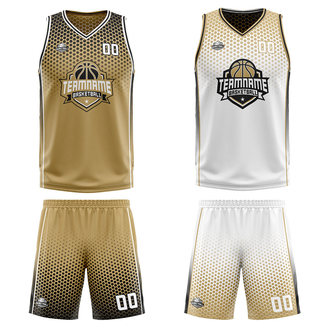 Traje de baloncesto reversible personalizado en oro antiguo-negro y blanco para adultos y niños