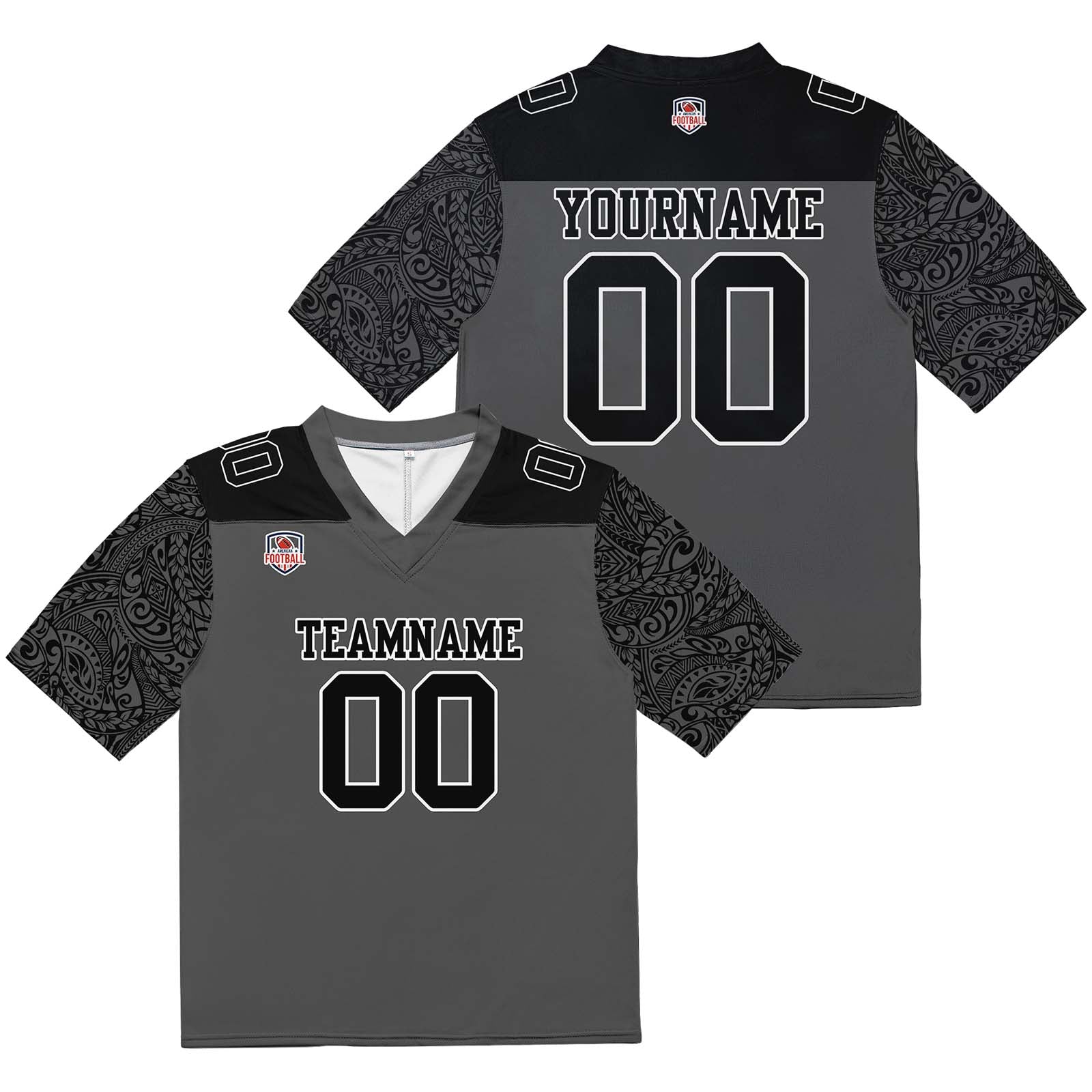 Camiseta de fútbol personalizada con nombre y número del equipo impresos y bordados-color negro y gris