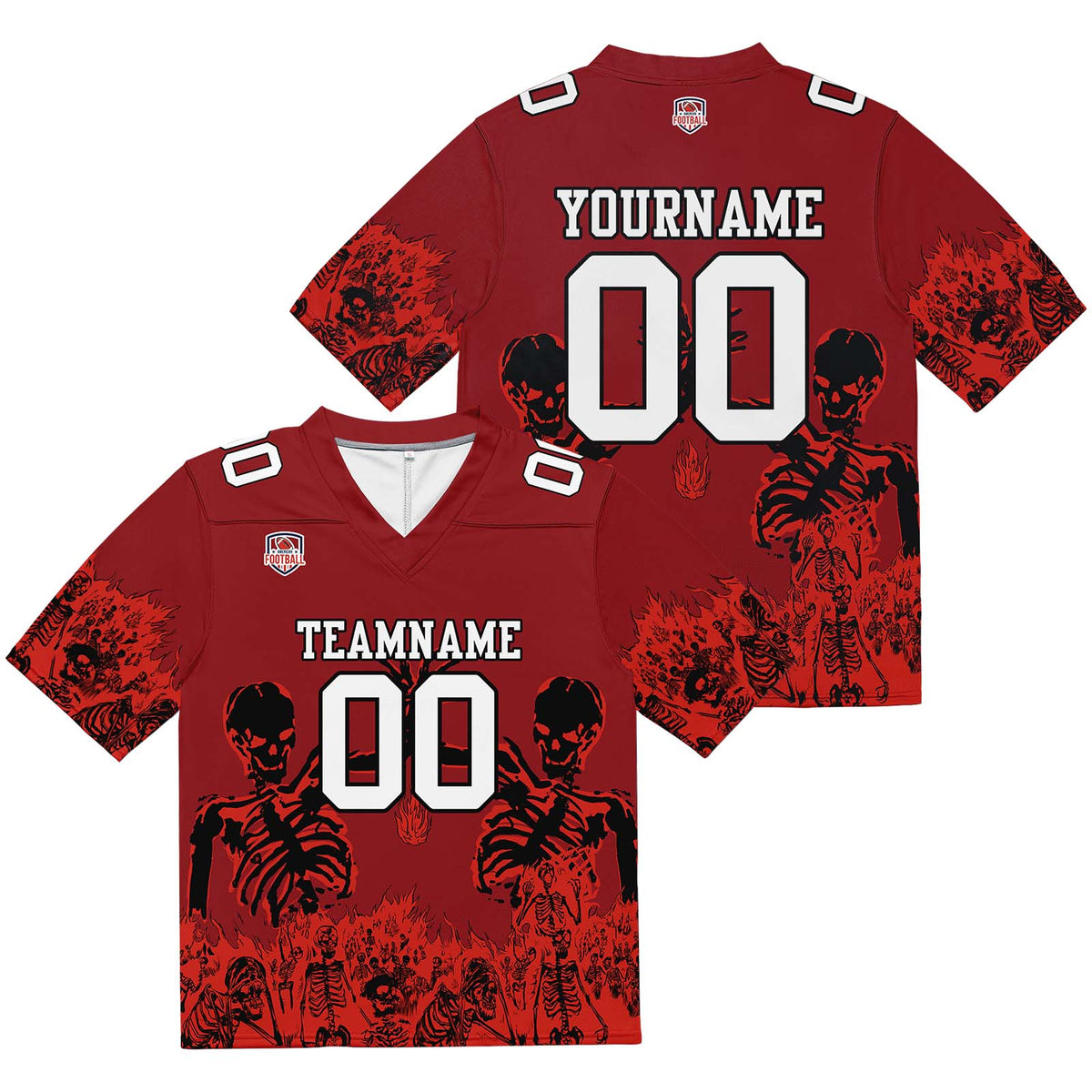 Camiseta de fútbol personalizada con nombre y número del equipo impresos y bordados en color rojo