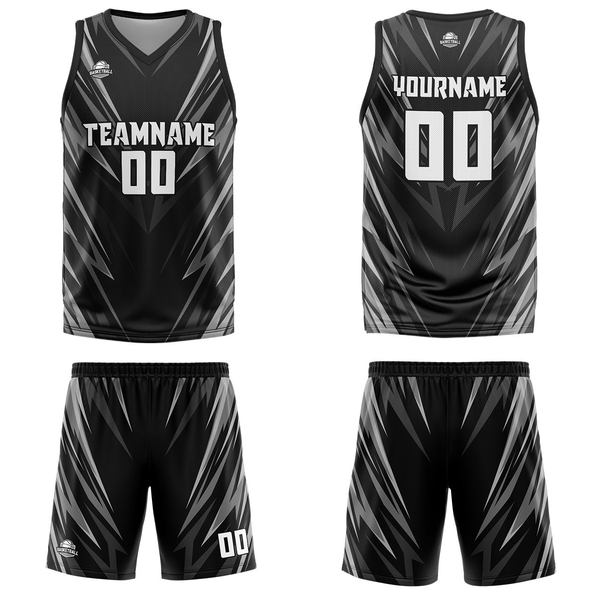 Uniforme de baloncesto negro con triángulo personalizado impreso con su logotipo-nombre y número