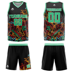 Uniforme de baloncesto verde con geometría dañada personalizada-impreso con tu logotipo-nombre y número