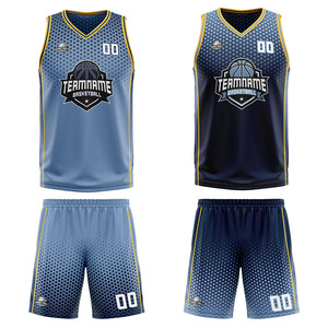 Traje de baloncesto reversible personalizado en azul marino y amarillo para adultos y niños