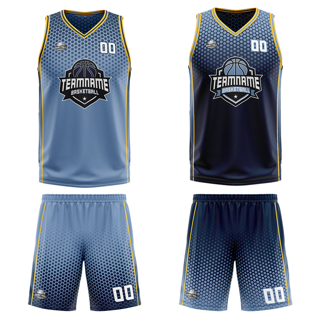 Traje de baloncesto reversible personalizado en azul marino y amarillo para adultos y niños