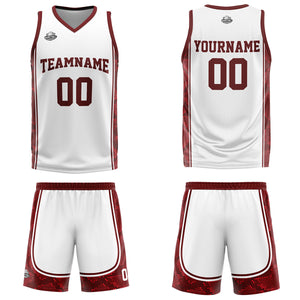 Uniforme de baloncesto personalizado blanco y rojo oscuro con tu logotipo-nombre y número impresos