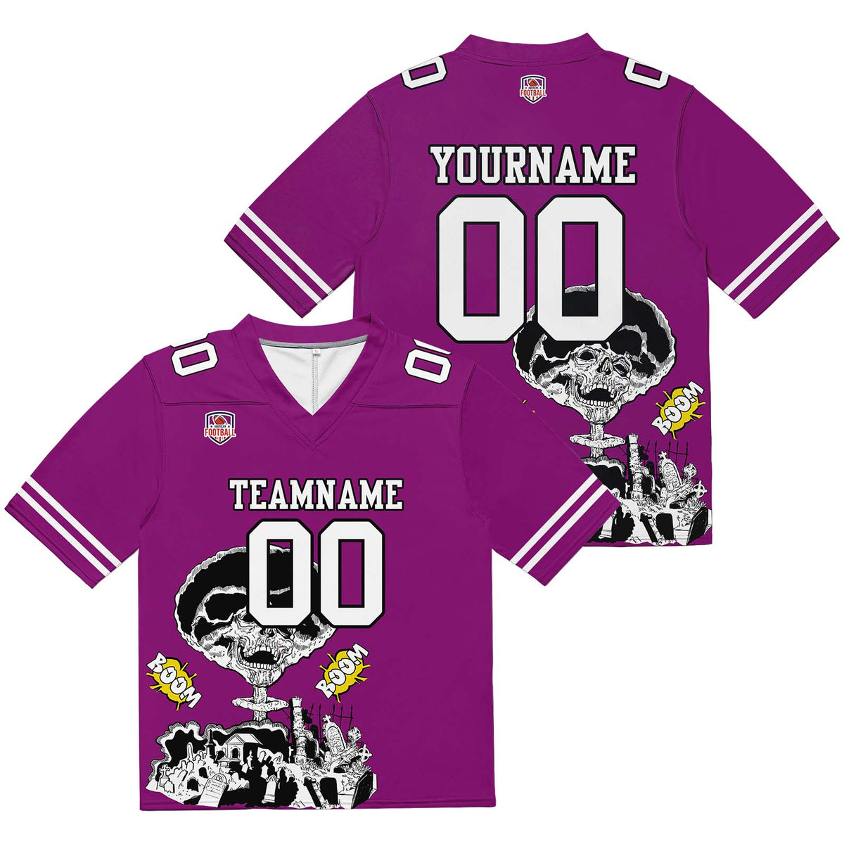 Camiseta de fútbol personalizada con nombre y número del equipo bordados y estampados en color morado rosa