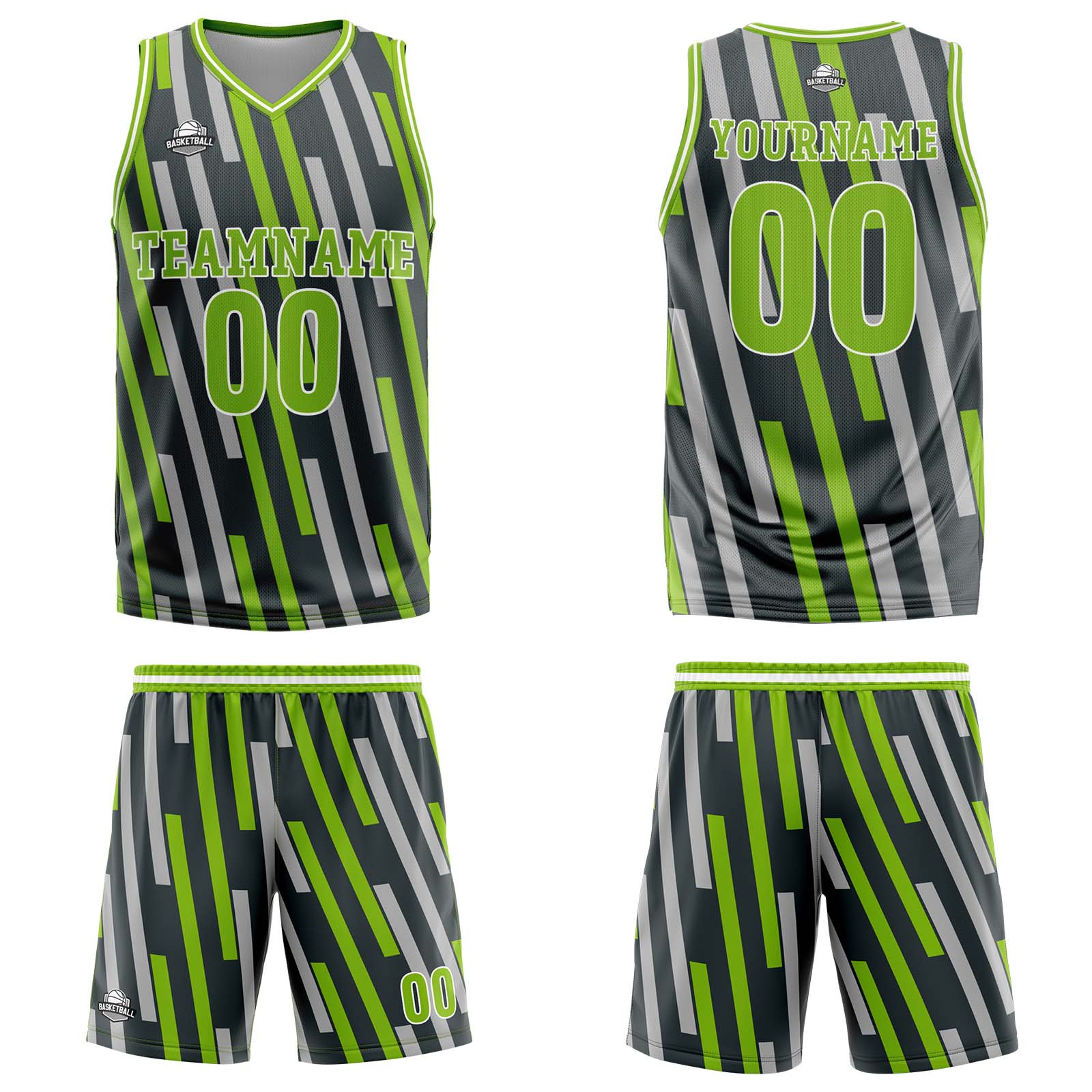 Camiseta de baloncesto personalizada con barra vertical verde gris-uniforme impreso con su logotipo-nombre y número