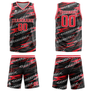 Uniforme de baloncesto personalizado en negro y rojo con tu logotipo-nombre y número impresos