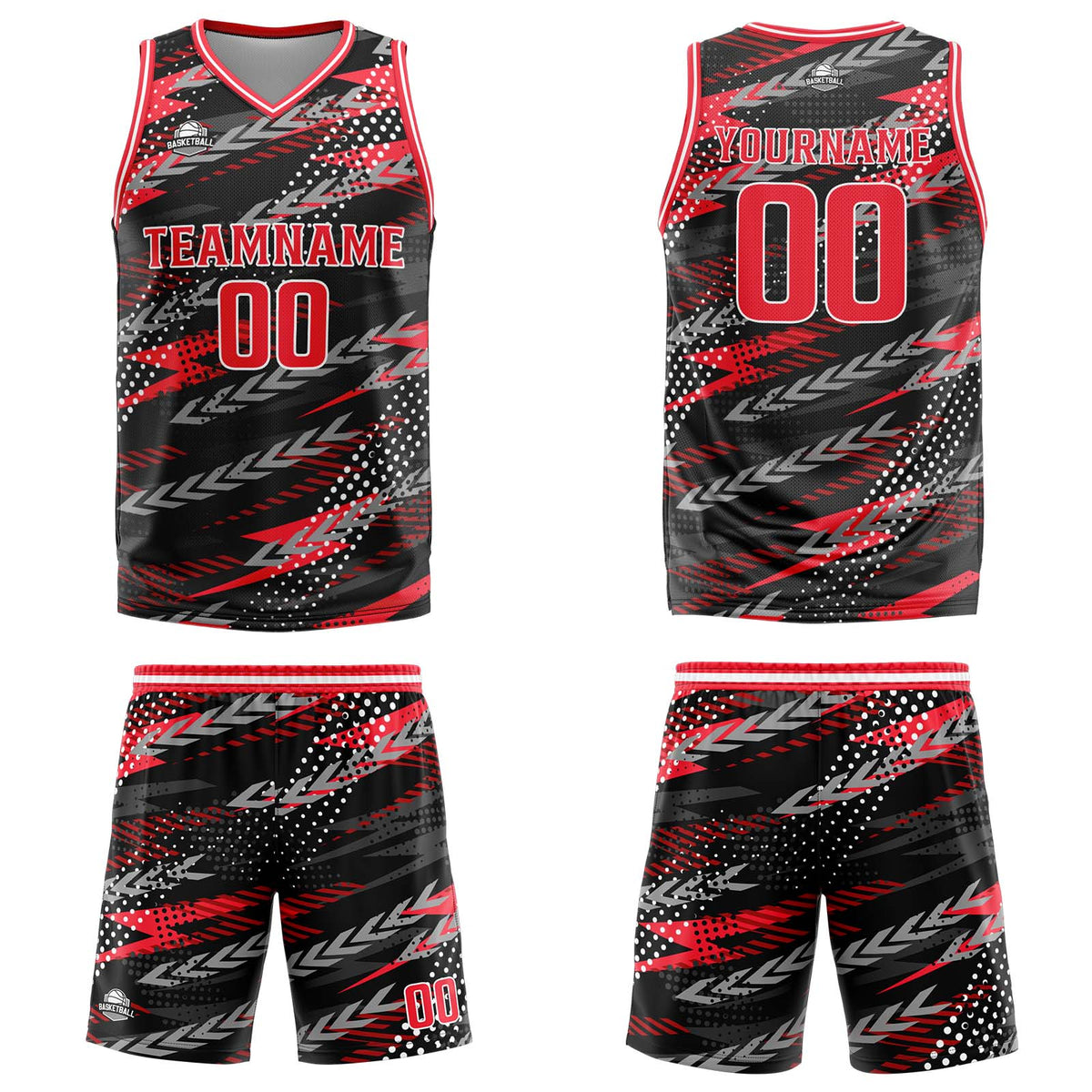 Uniforme de baloncesto personalizado en negro y rojo con tu logotipo-nombre y número impresos