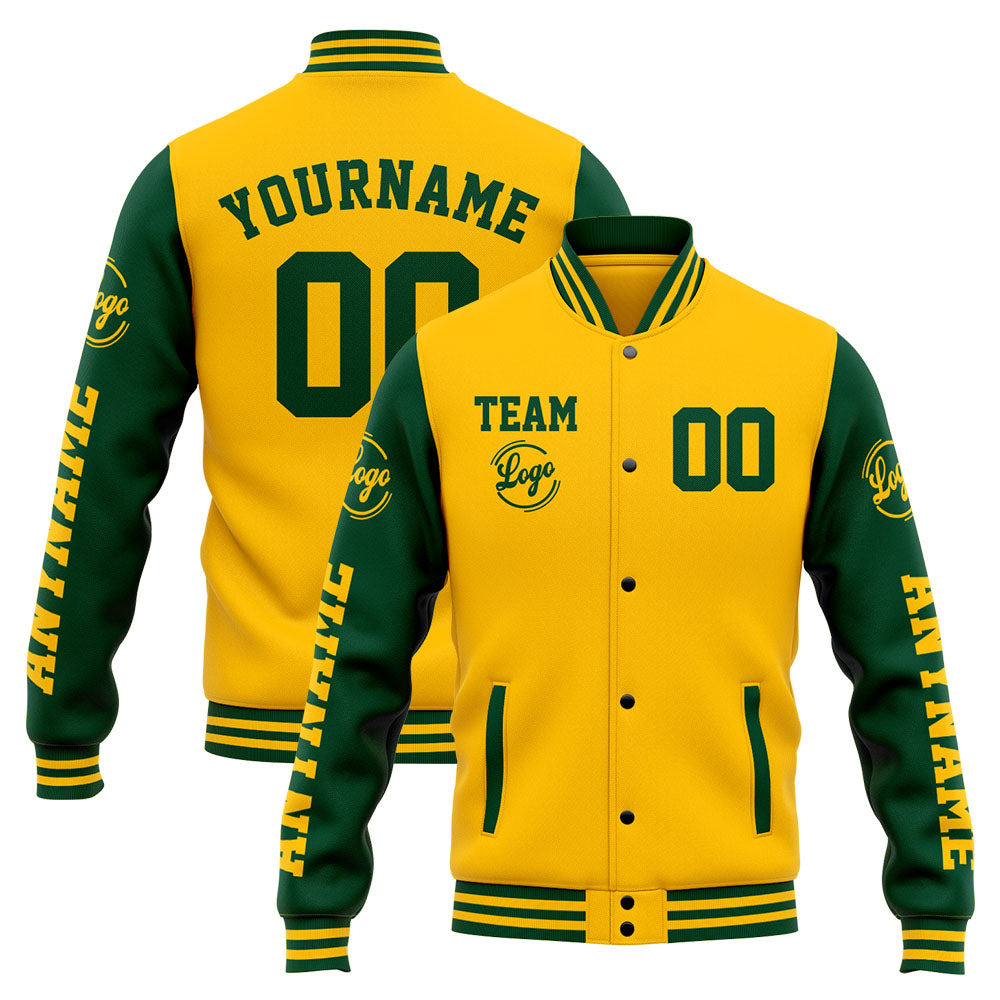 Chaqueta universitaria personalizada estilo Letterman para hombres-mujeres y jóvenes-color verde y amarillo