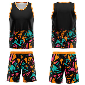Uniforme de baloncesto personalizado en negro-naranja y verde con tu logotipo-nombre y número impresos