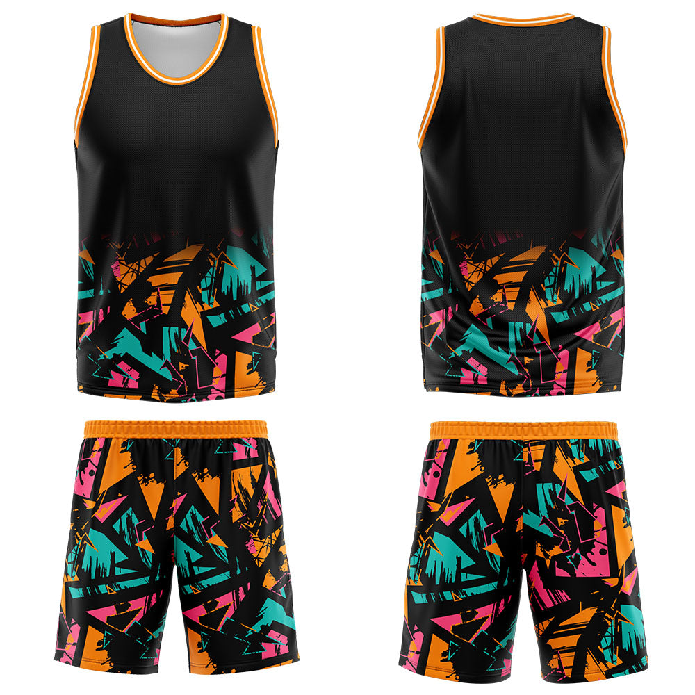 Uniforme de baloncesto personalizado en negro-naranja y verde con tu logotipo-nombre y número impresos