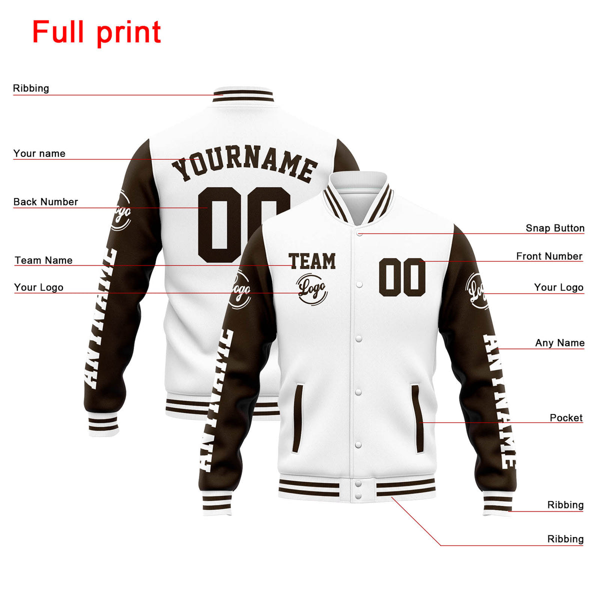 Chaqueta universitaria personalizada estilo Letterman para hombres-mujeres y jóvenes-color blanco y marrón