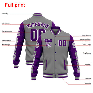 Chaqueta universitaria personalizada estilo Letterman para hombres-mujeres y jóvenes-color gris y morado