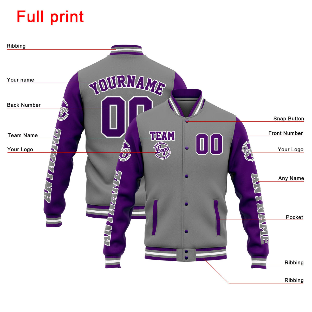 Chaqueta universitaria personalizada estilo Letterman para hombres-mujeres y jóvenes-color gris y morado