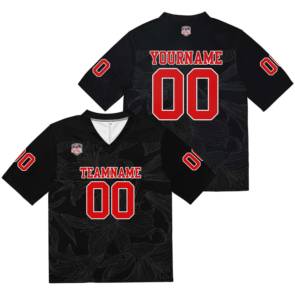 Camiseta de fútbol personalizada con nombre y número del equipo impresos y bordados-color negro y rojo