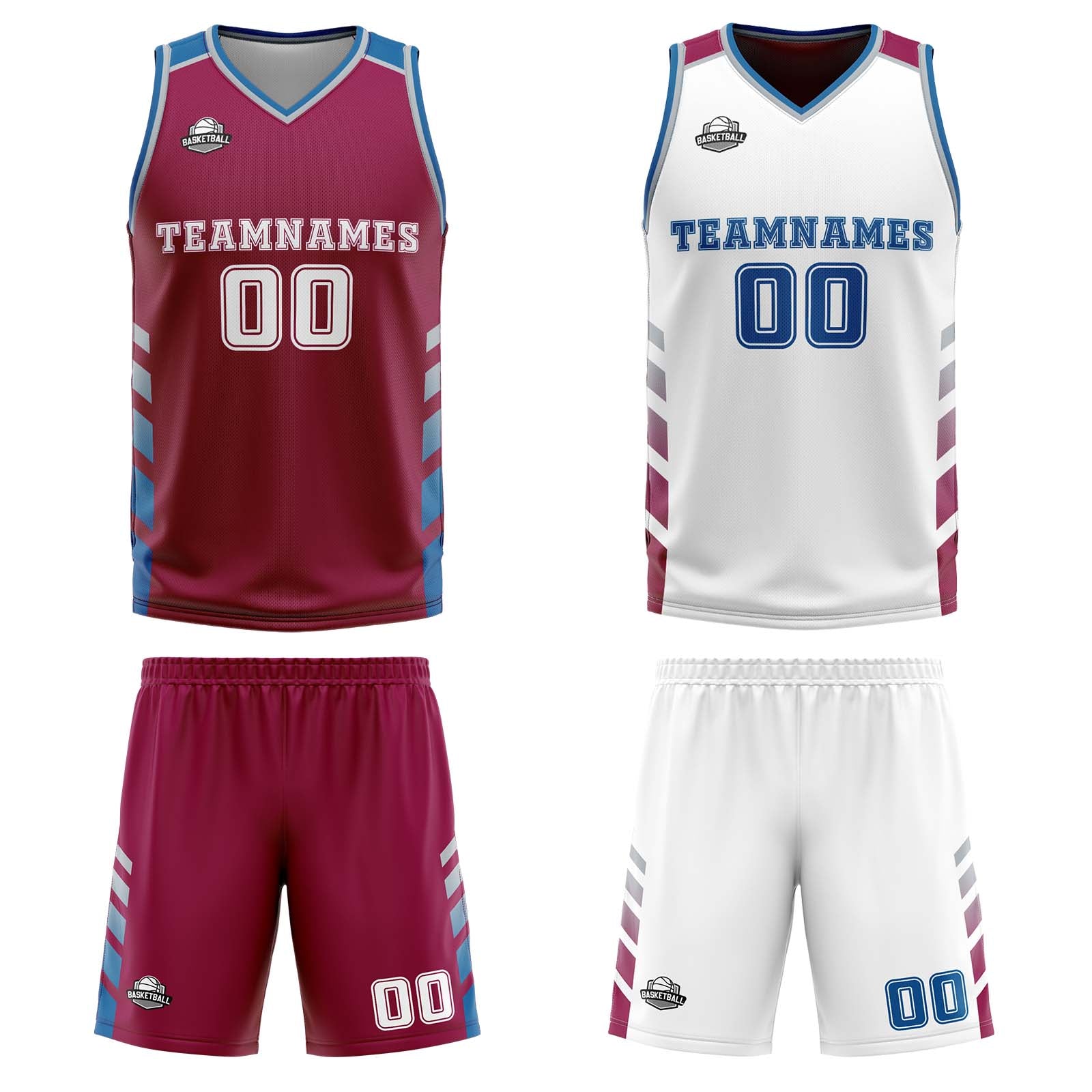 Traje de baloncesto reversible personalizado en burdeos-blanco y azul para adultos y niños