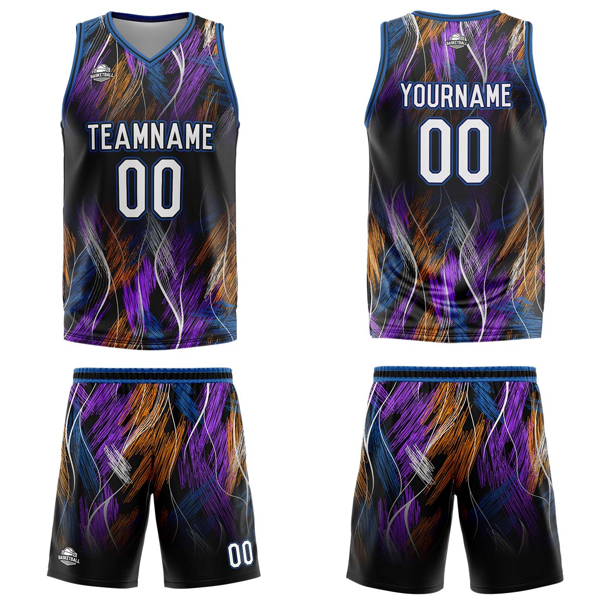 Uniforme de baloncesto personalizado en negro y azul con tu logotipo-nombre y número impresos