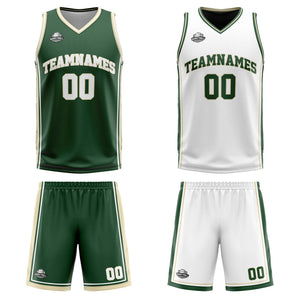 Traje de baloncesto reversible personalizado en verde oscuro-blanco y crema para adultos y niños