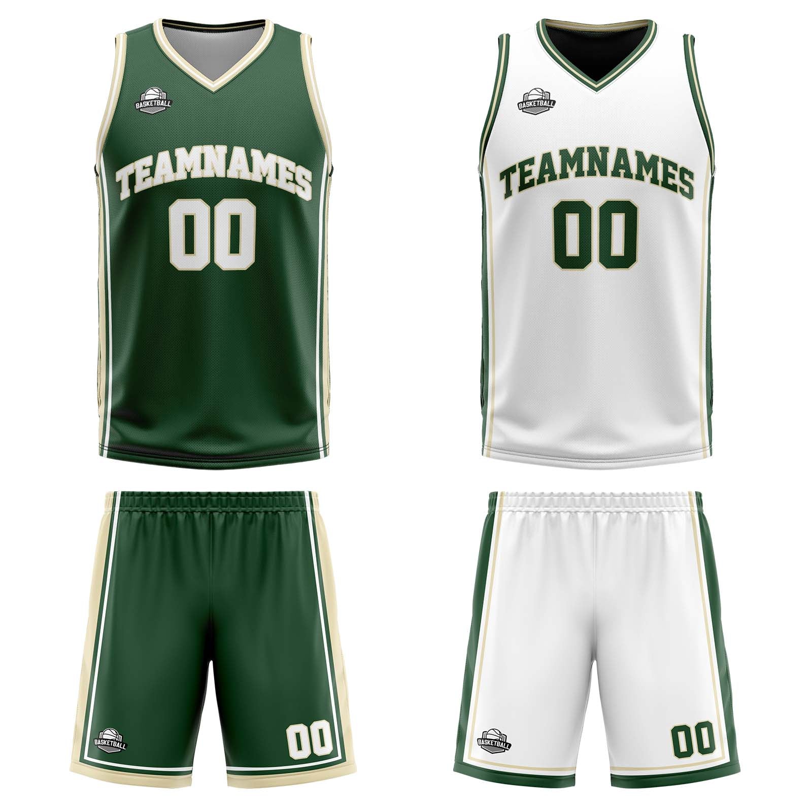 Traje de baloncesto reversible personalizado en verde oscuro-blanco y crema para adultos y niños