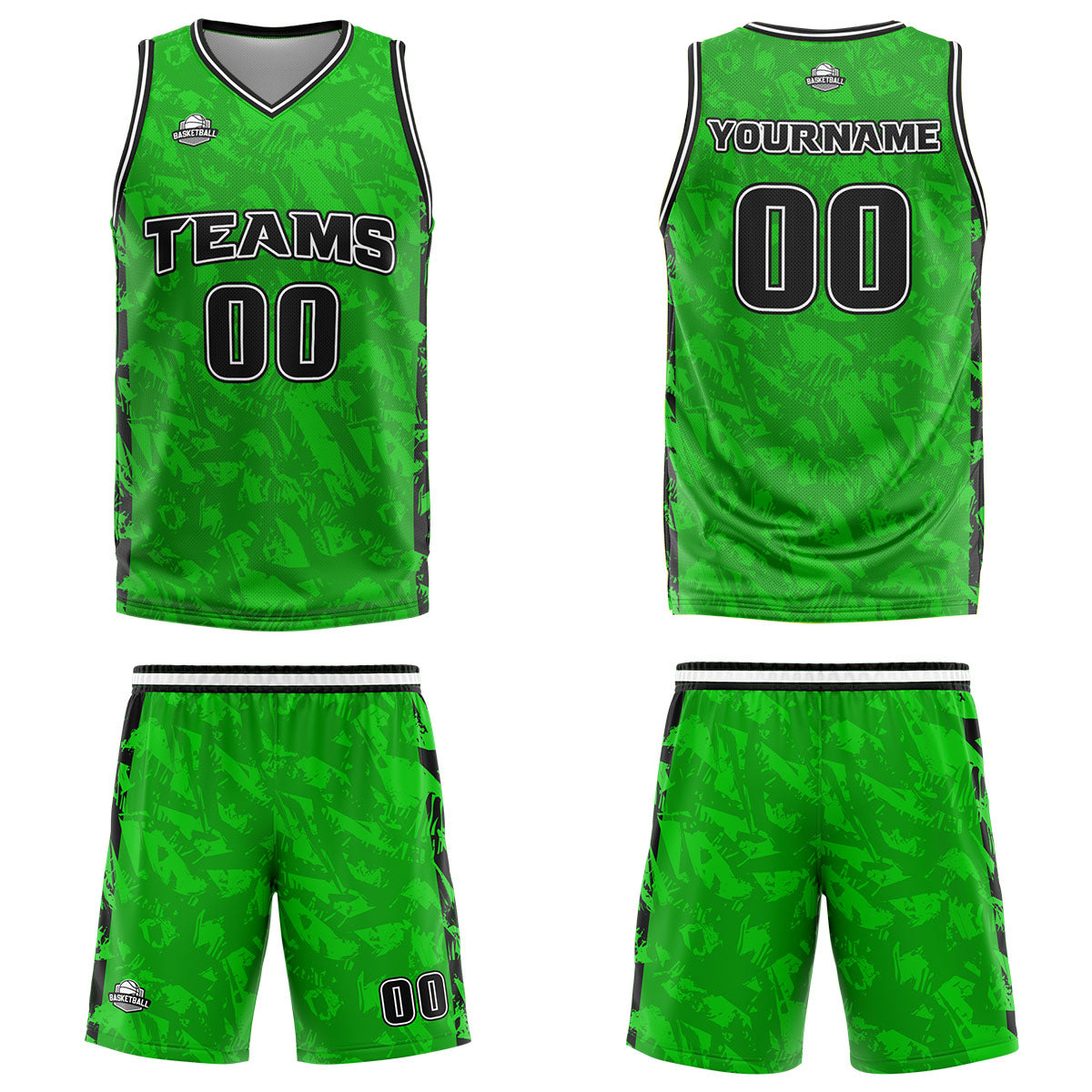 Uniforme de baloncesto personalizado en verde roto y negro con tu logotipo-nombre y número impresos