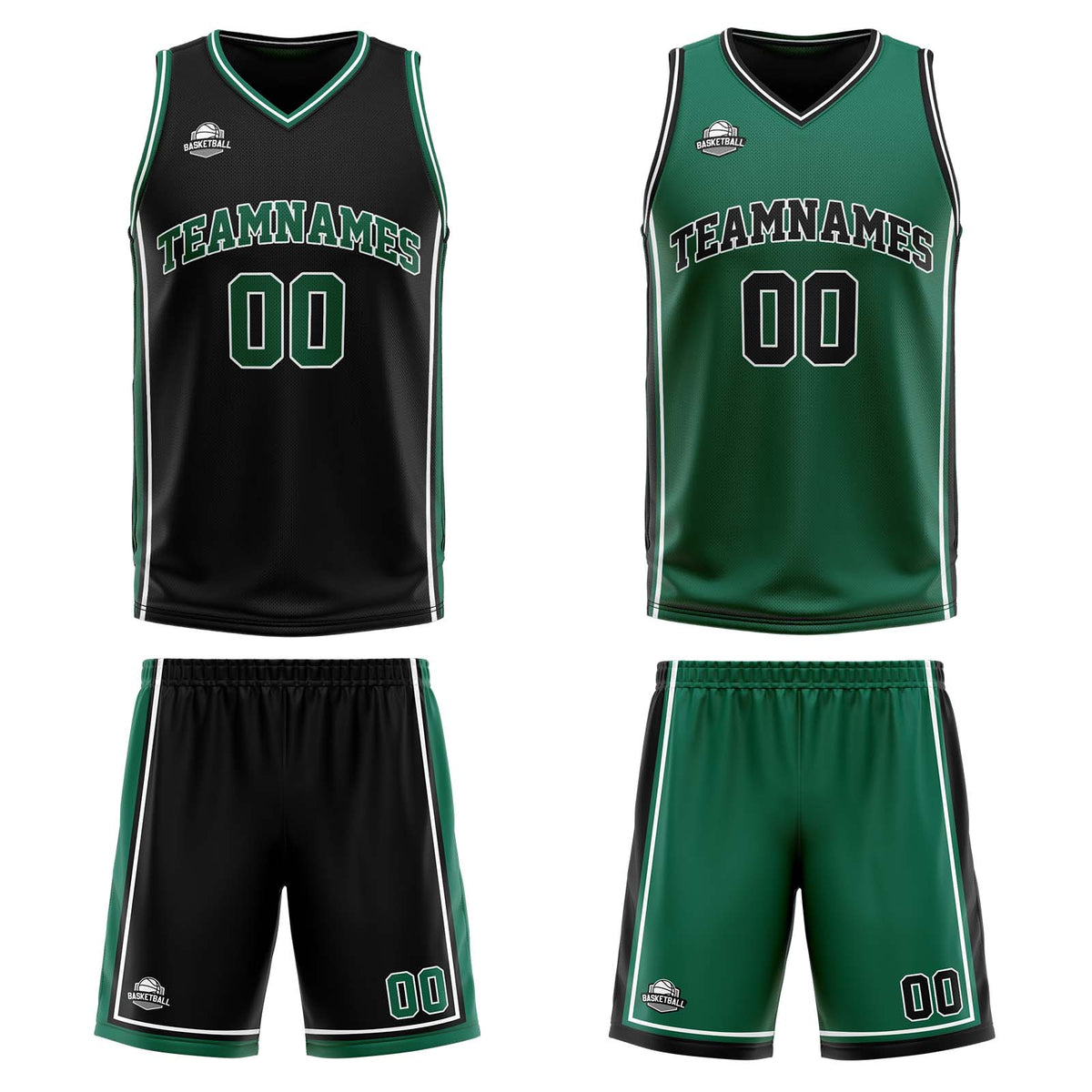 Traje de baloncesto reversible negro y verde personalizado para adultos y niños