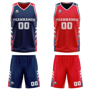 Traje de baloncesto reversible azul marino-rojo y blanco personalizado para adultos y niños