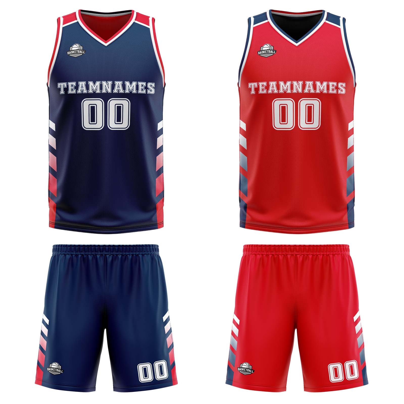 Traje de baloncesto reversible azul marino-rojo y blanco personalizado para adultos y niños