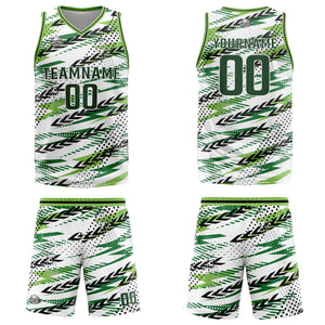 Uniforme de baloncesto personalizado blanco y verde con tu logotipo-nombre y número impresos