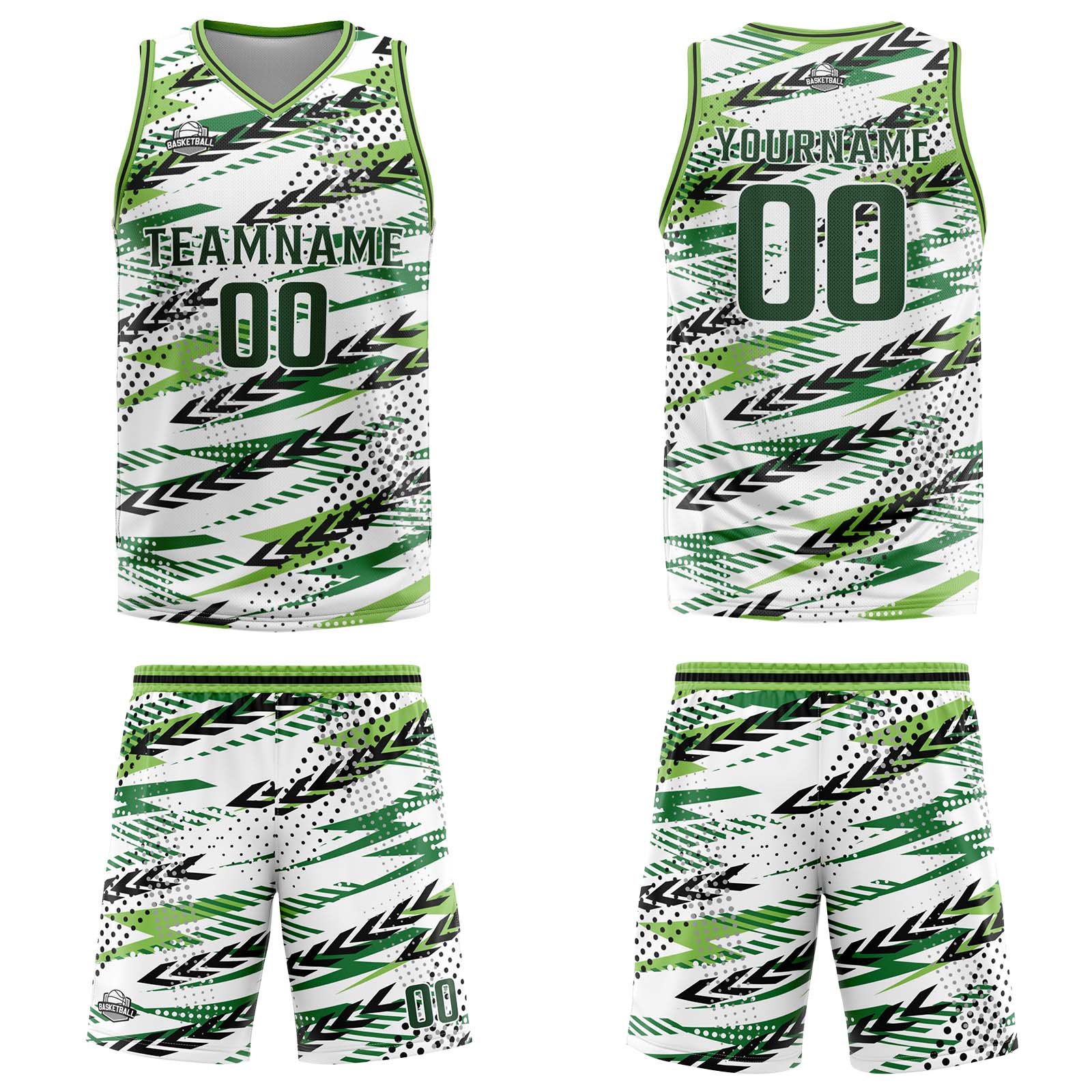 Uniforme de baloncesto personalizado blanco y verde con tu logotipo-nombre y número impresos