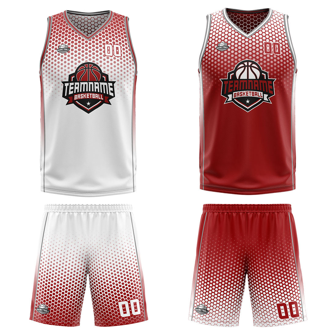Traje de baloncesto reversible blanco y rojo personalizado para adultos y niños