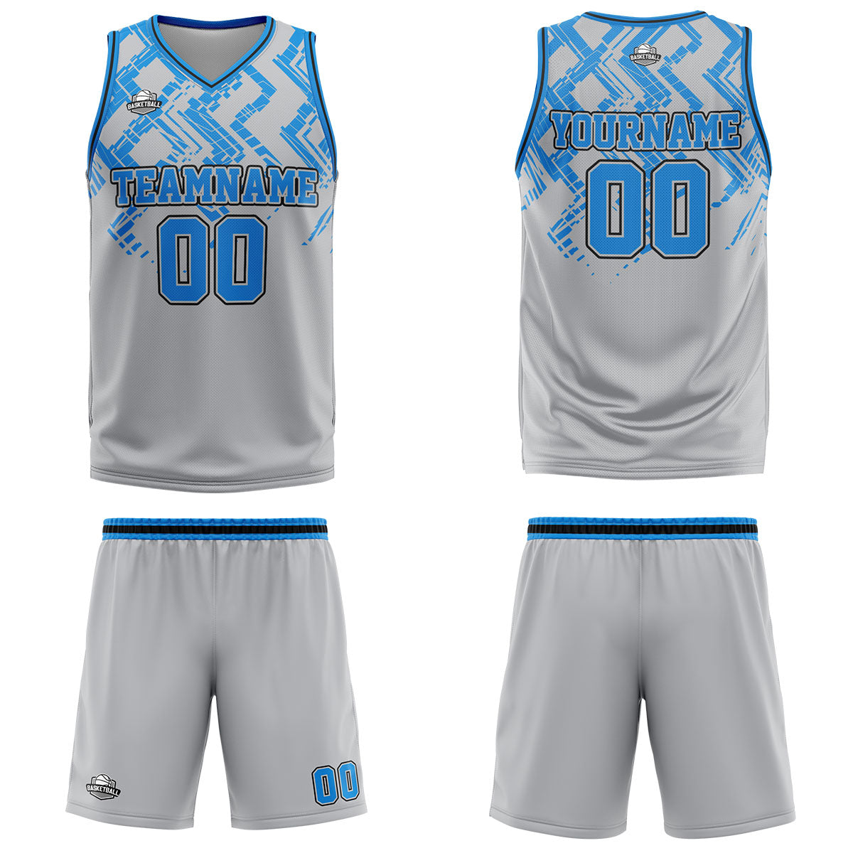 Uniforme de baloncesto personalizado en gris y azul con tu logotipo-nombre y número impresos