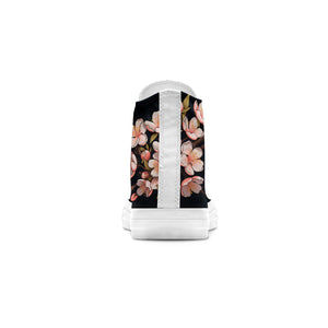 Floral Whispers: Zapatillas de lona de media caña para hombre y mujer -Déjese seducir por la serenidad de la naturaleza con estas zapatillas de lona de caña media con estampado de flores de ciruelo