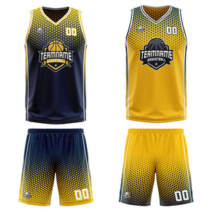 Traje de baloncesto reversible azul marino y amarillo personalizado para adultos y niños