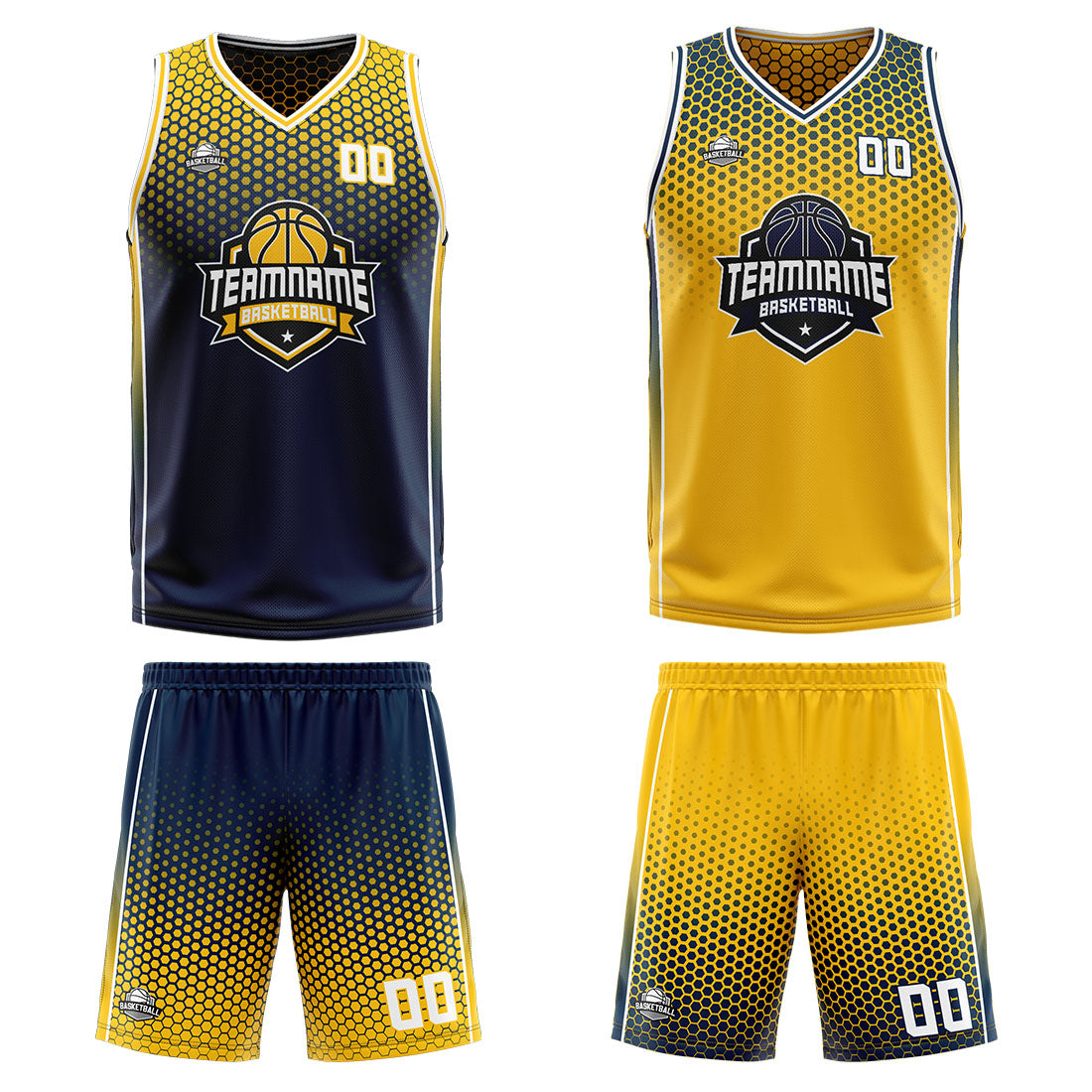 Traje de baloncesto reversible azul marino y amarillo personalizado para adultos y niños