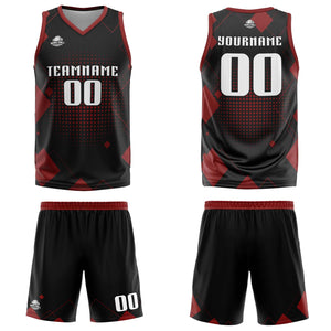 Uniforme de baloncesto rojo con diseño geométrico personalizado-estampado con tu logotipo-nombre y número