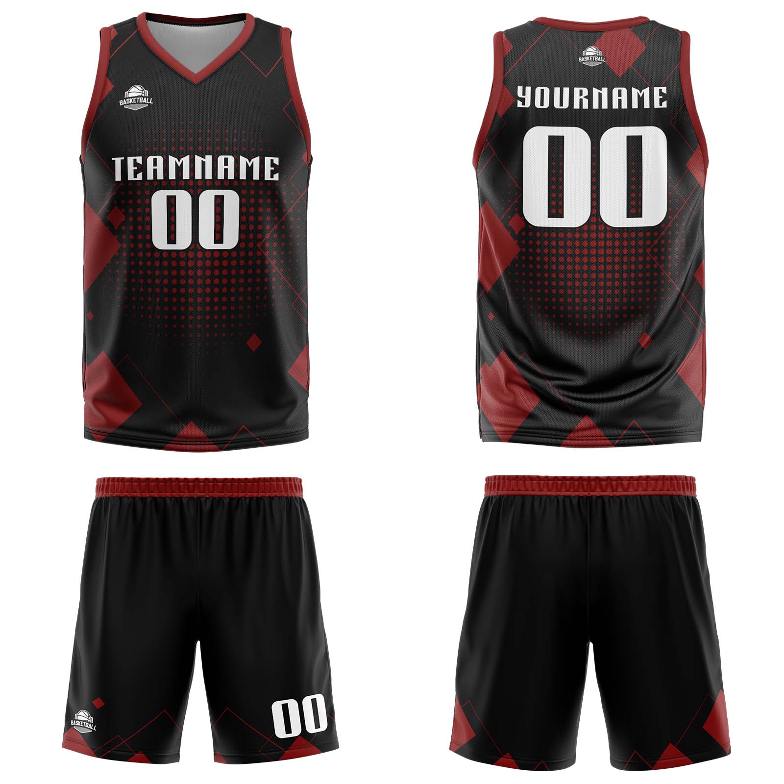 Uniforme de baloncesto rojo con diseño geométrico personalizado-estampado con tu logotipo-nombre y número