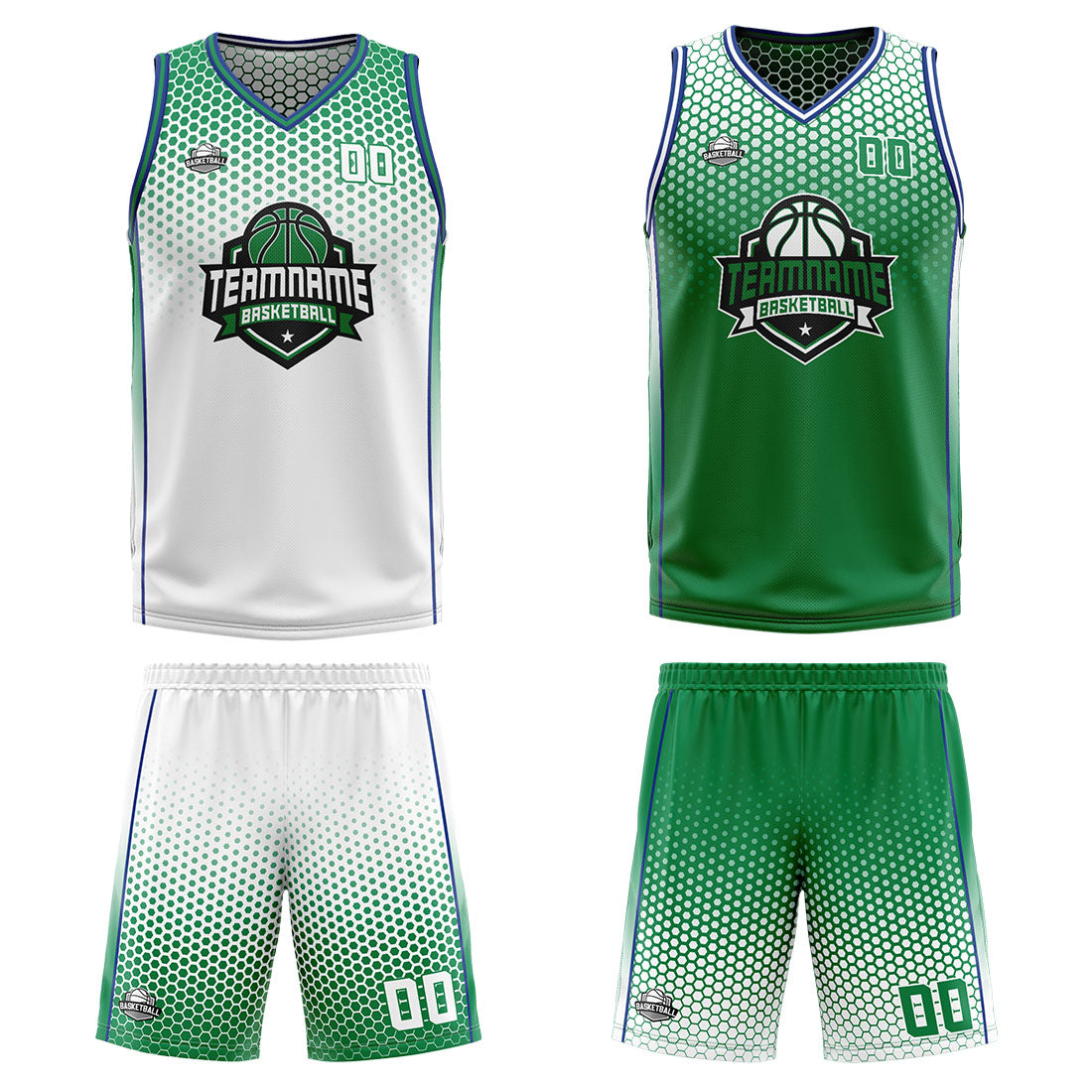 Traje de baloncesto reversible personalizado blanco-verde y azul para adultos y niños