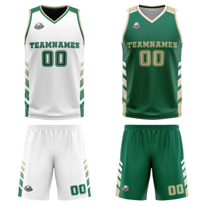 Traje de baloncesto reversible personalizado en blanco-verde cazador y beige para adultos y niños