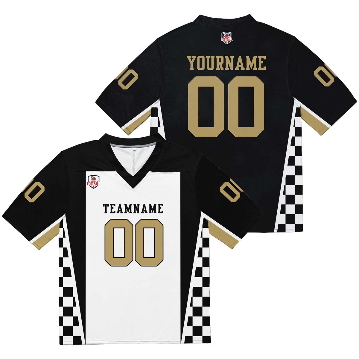 Camiseta de fútbol personalizada con nombre y número del equipo bordados y estampados en blanco y negro