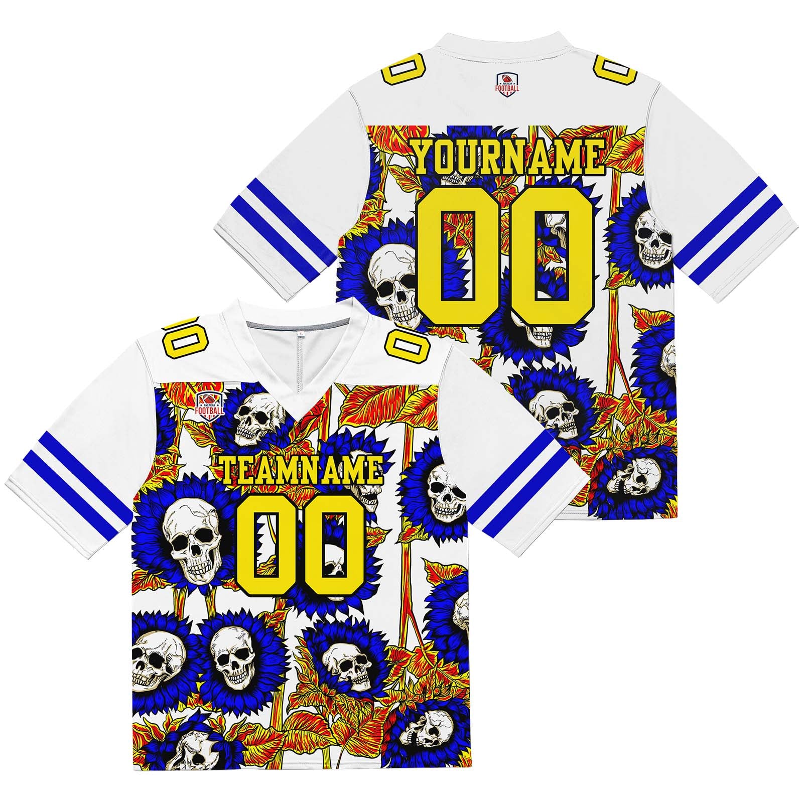 Camiseta de fútbol personalizada con nombre y número del equipo bordados a mano-color girasol-azul marino