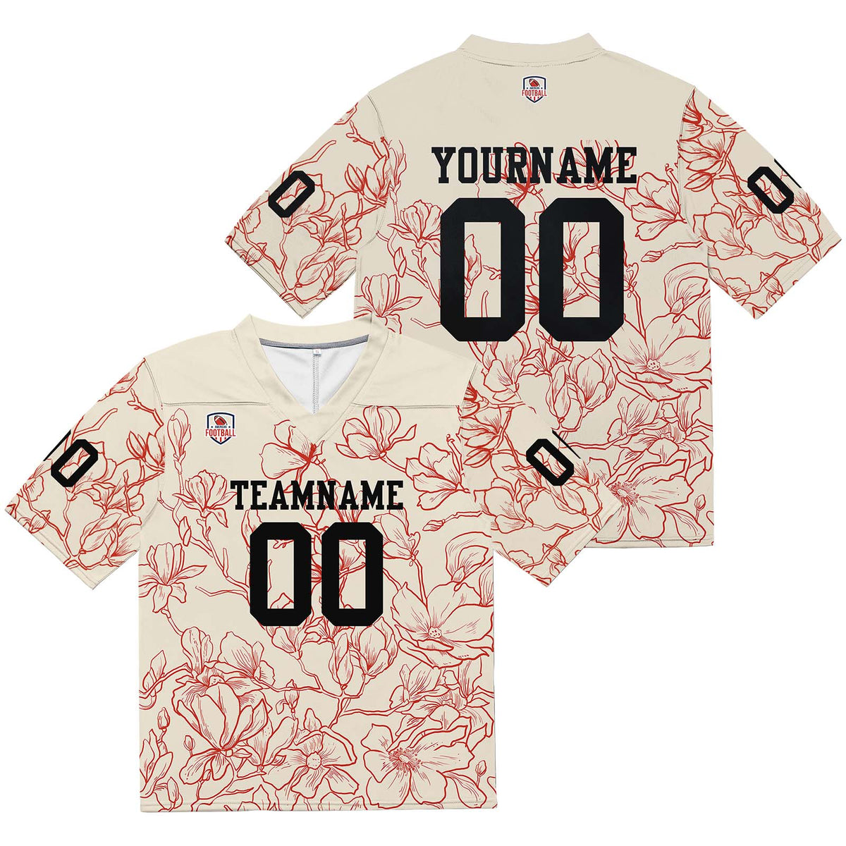 Camiseta de fútbol personalizada con nombre y número del equipo bordados-color crema y rojo