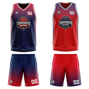 Traje de baloncesto reversible azul marino y rojo personalizado para adultos y niños