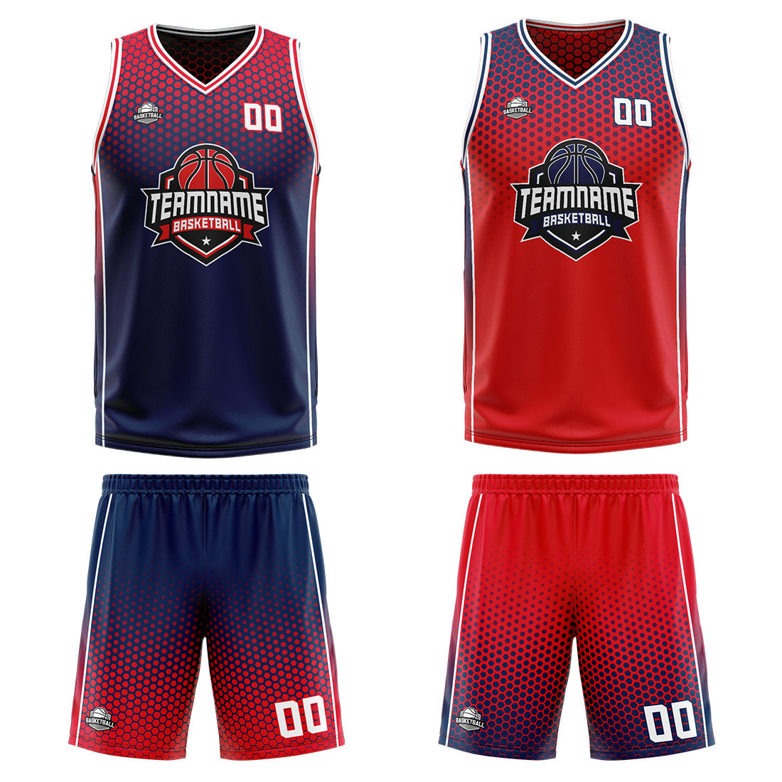 Traje de baloncesto reversible azul marino y rojo personalizado para adultos y niños