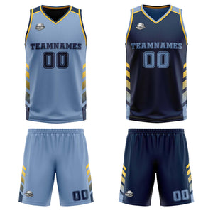 Traje de baloncesto reversible personalizado azul claro-azul marino y amarillo para adultos y niños
