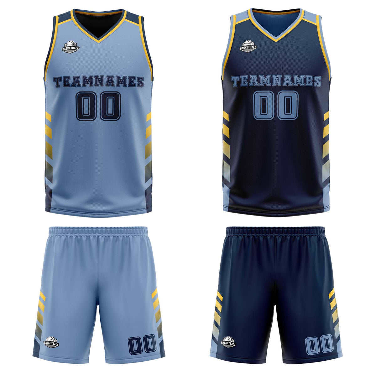 Traje de baloncesto reversible personalizado azul claro-azul marino y amarillo para adultos y niños