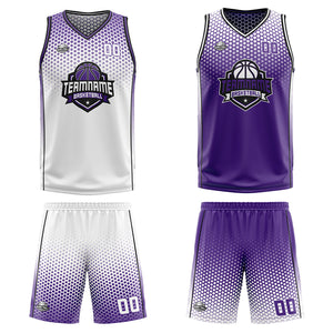 Traje de baloncesto reversible personalizado blanco-morado y negro para adultos y niños