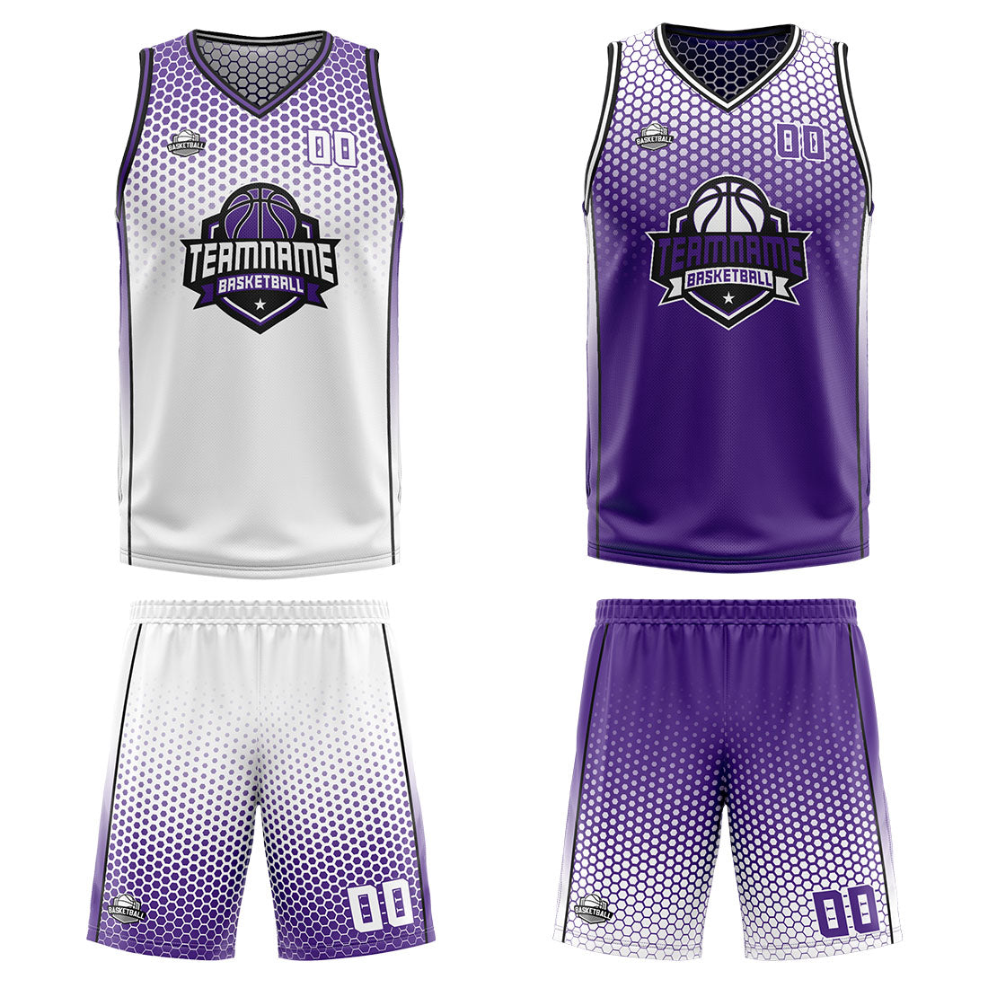 Traje de baloncesto reversible personalizado blanco-morado y negro para adultos y niños