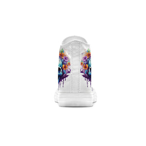 Skull Symphony: Zapatillas unisex de media caña de lona -Adéntrate en una vibrante melodía de color con un diseño de lápiz inspirado en calaveras para hombres y mujeres